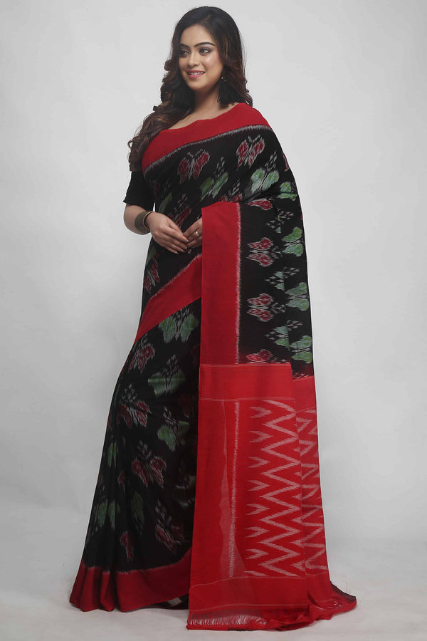 Black handwoven Pochampally Ikat cotton saree