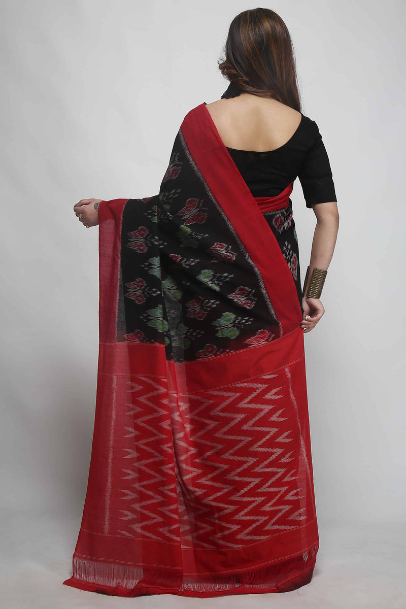 Black handwoven Pochampally Ikat cotton saree