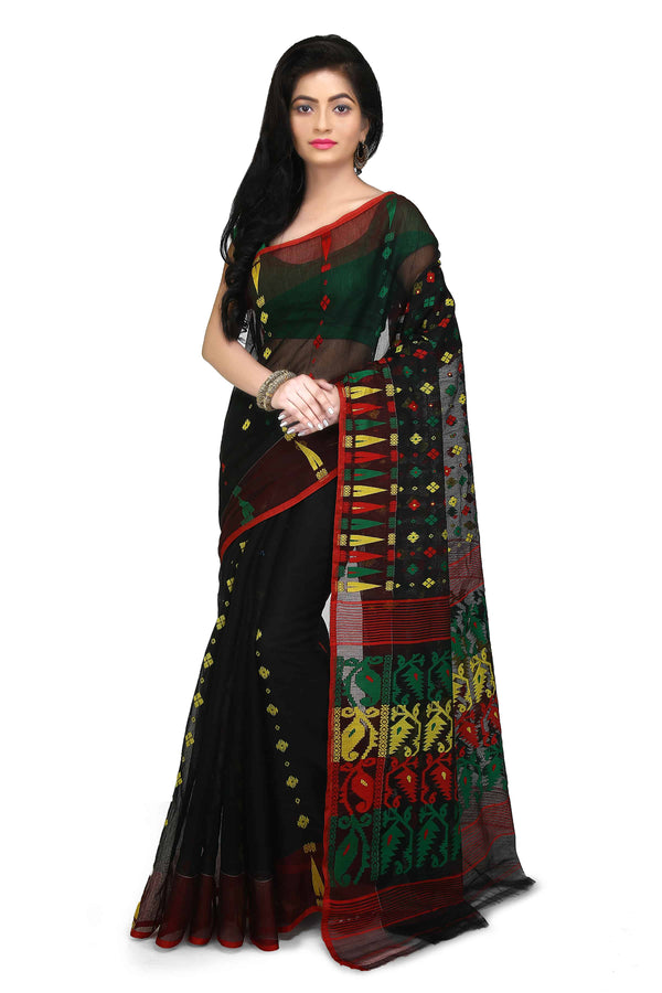 Black Bengal Handloom Cotton Saree With All Over Jamdani