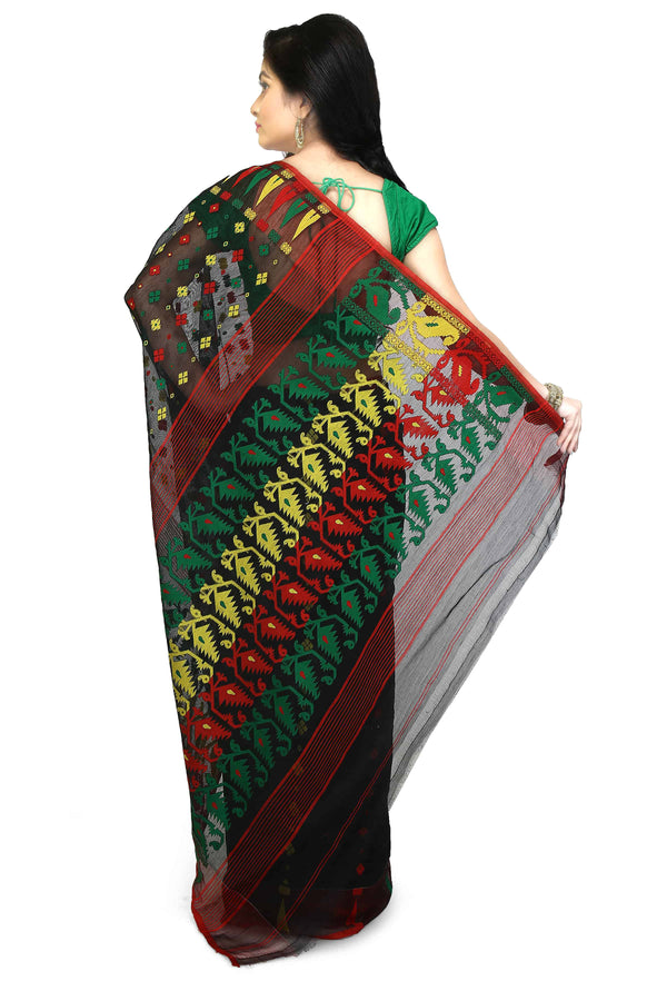 Black Bengal Handloom Cotton Saree With All Over Jamdani