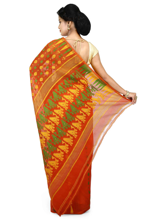 Orange Bengal Handloom Cotton Saree With All Over Jamdani