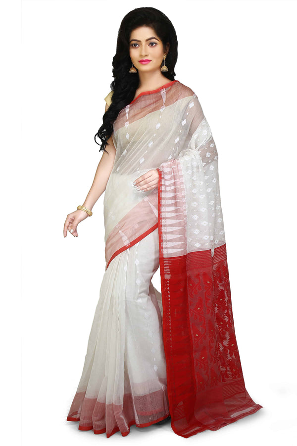 White Bengal Handloom Cotton Saree With All Over Jamdani