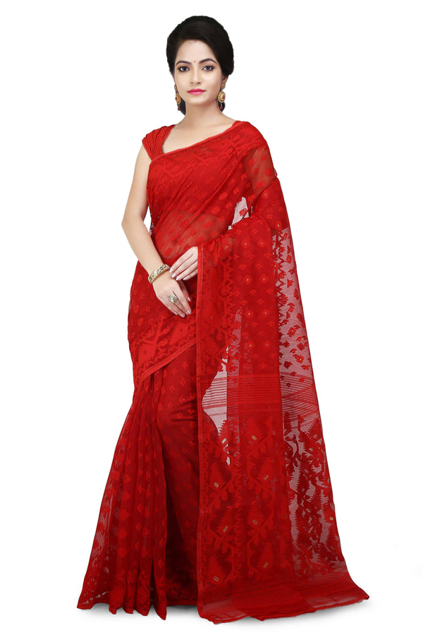 Red Bengal Handloom Cotton Saree With All Over Jamdani