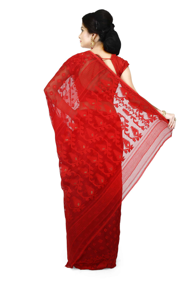 Red Bengal Handloom Cotton Saree With All Over Jamdani