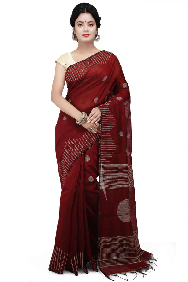 Maroon Bengal Handloom Cotton Silk Saree With Thread Work