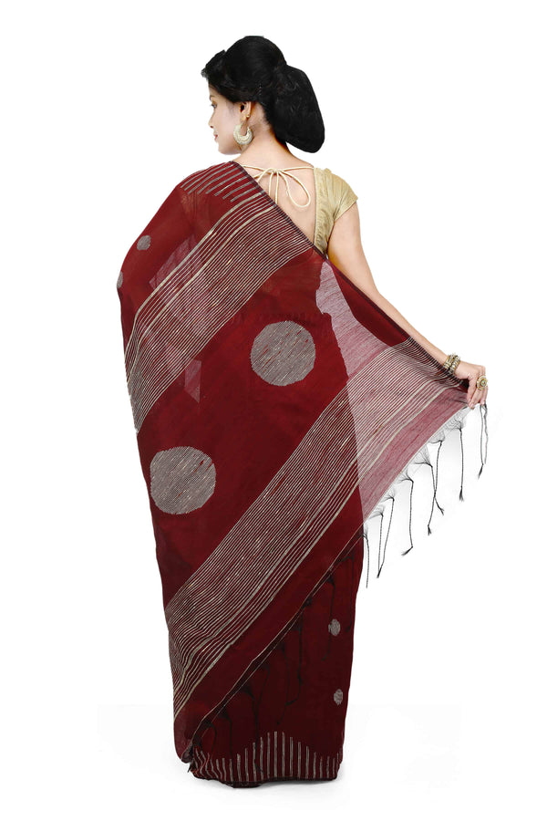 Maroon Bengal Handloom Cotton Silk Saree With Thread Work