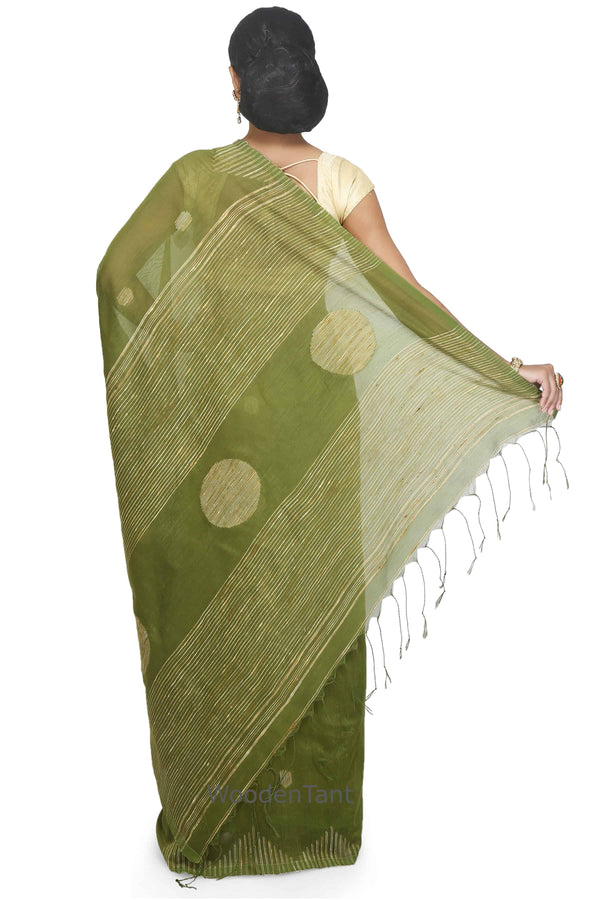 Green Bengal Handloom Cotton Silk Saree With Thread Work