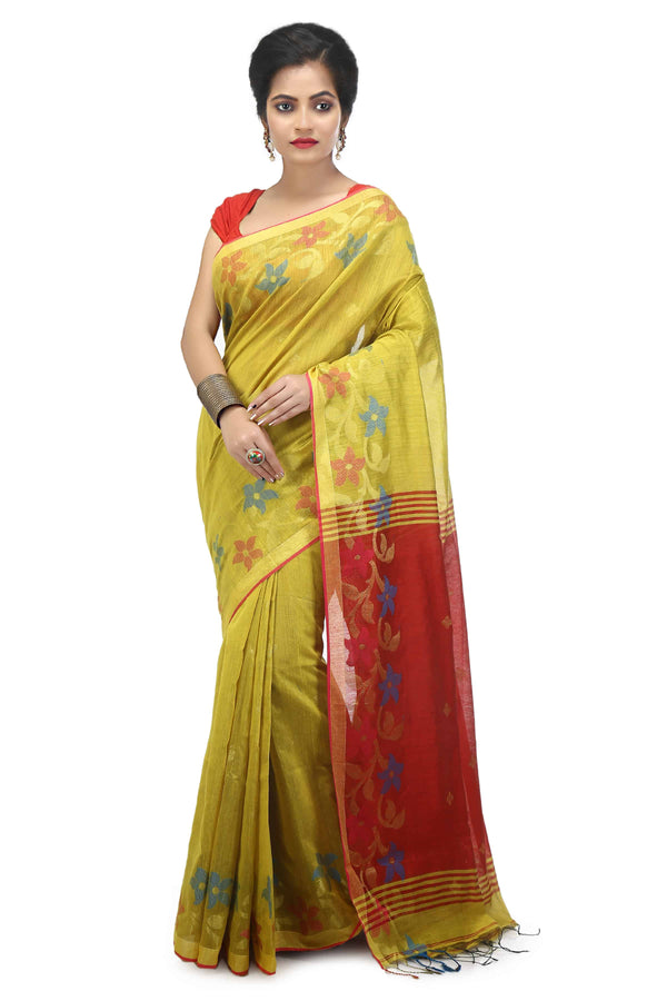 Yellow Bengal Handloom Cotton Silk Saree With Resham Work
