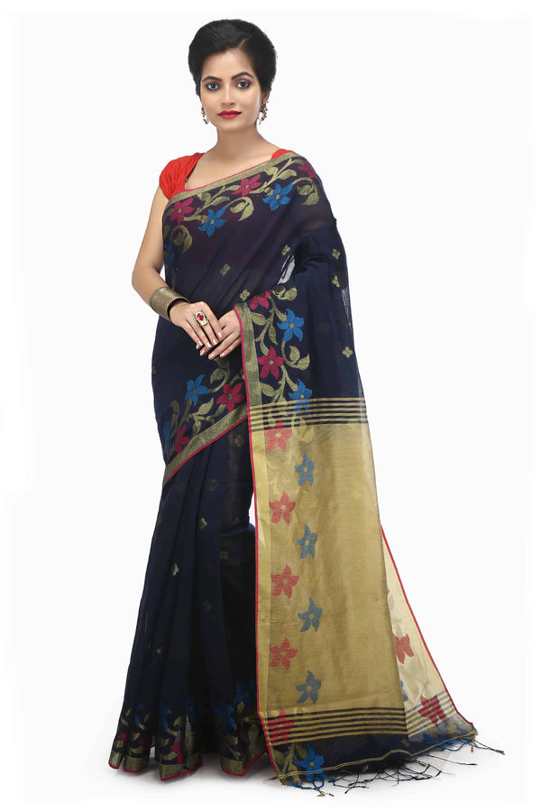 Navy Blue Bengal Handloom Cotton Silk Saree With Resham Work